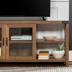 Sophie Rustic Farmhouse X Frame Glass Doors TV Stand For TVs Up To 80" Rustic Oak - Saracina Home -Saracina Home Sales Store GUEST 08461d43 c3a2 4df9 90e5 c2fd20627359