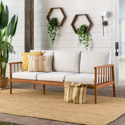 Saracina Home Modern Boho Eucalyptus Outdoor Spindle Sofa With Cushions 1 Saracina Home Modern Boho Eucalyptus Outdoor Spindle Sofa With Cushions