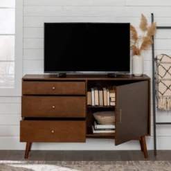 Mid-Century Modern With Closed Storage TV Stand For TVs Up To 58" Walnut - Saracina Home -Saracina Home Sales Store GUEST 272c04f3 ea07 453c 9824 8666892ac8d7