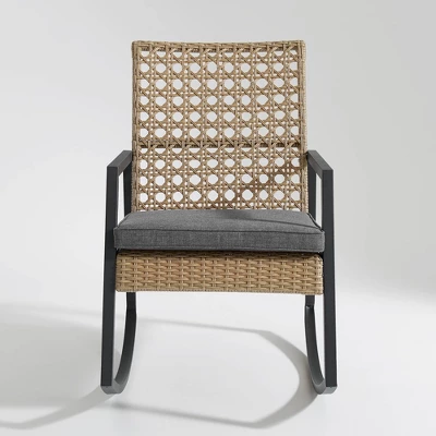 Komodo Modern Boho Faux Rattan & Metal Outdoor Rocking Chair With Cushion - Brown/Gray - Saracina Home 2 Komodo Modern Boho Faux Rattan & Metal Outdoor Rocking Chair With Cushion - Brown/Gray - Saracina Home - Image 2