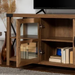 Sophie Rustic Farmhouse X Frame Glass Doors TV Stand For TVs Up To 80" Rustic Oak - Saracina Home -Saracina Home Sales Store GUEST 2d1619d6 6228 4a03 b8af 73592536e713