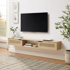 Saracina Home Sales Store 16 Modern Boho Floating TV Stand For TVs Up To 80" With Rattan Doors Coastal Oak - Saracina Home