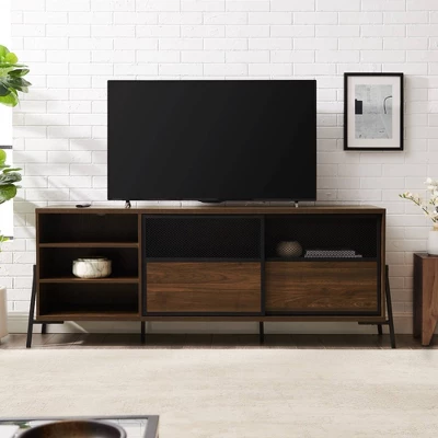 Modern Industrial Metal Mesh Sliding Door TV Stand For TVs Up To 80" Dark Walnut - Saracina Home 1 Modern Industrial Metal Mesh Sliding Door TV Stand For TVs Up To 80" Dark Walnut - Saracina Home