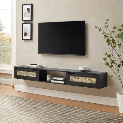 Modern Boho Floating TV Stand For TVs Up To 80" With Rattan Doors Black - Saracina Home 1 Modern Boho Floating TV Stand For TVs Up To 80" With Rattan Doors Black - Saracina Home