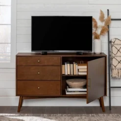 Mid-Century Modern With Closed Storage TV Stand For TVs Up To 58" Walnut - Saracina Home -Saracina Home Sales Store GUEST 559b40fb 3110 44b0 a6be ec4b539a5d7f