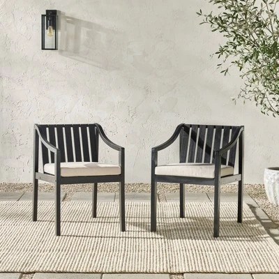 Saracina Home 2pk Mid-Century Modern Slatted Outdoor Acacia Arm Chairs With Cushions 2 Saracina Home 2pk Mid-Century Modern Slatted Outdoor Acacia Arm Chairs With Cushions - Image 2