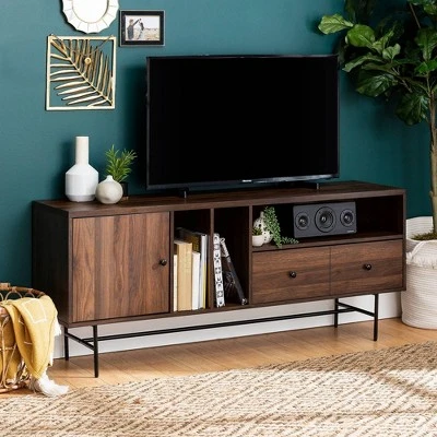 Modern Vinyl Record Player Storage TV Stand For TVs Up To 65" Dark Walnut - Saracina Home 1 Modern Vinyl Record Player Storage TV Stand For TVs Up To 65" Dark Walnut - Saracina Home