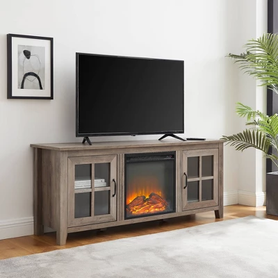 Transitional Farmhouse Window Pane Fireplace TV Stand For TV's Up To 65" Gray Wash - Saracina Home 1 Transitional Farmhouse Window Pane Fireplace TV Stand For TV's Up To 65" Gray Wash - Saracina Home