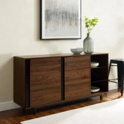 Shing Modern Striped Door 60" Sideboard With Glass Shelves Dark Walnut - Saracina Home -Saracina Home Sales Store GUEST 841e5008 f61b 4759 a434 60c091d81a31