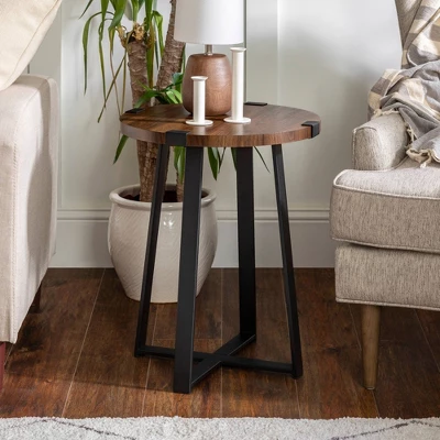 Set Of 2 Wrightson Urban Industrial Wrap Leg Round Side Tables Dark Walnut - Saracina Home 1 Set Of 2 Wrightson Urban Industrial Wrap Leg Round Side Tables Dark Walnut - Saracina Home