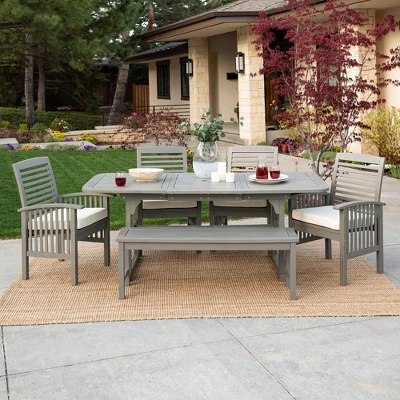 Ravenscroft 6pc Acacia Wood Patio Dining Set With Bench - Gray Wash - Saracina Home 2 Ravenscroft 6pc Acacia Wood Patio Dining Set With Bench - Gray Wash - Saracina Home - Image 2