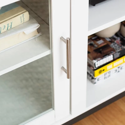 Pierceton Modern Double Glass Door With Metal Legs TV Stand For TVs Up To 58" White - Saracina Home 1 Pierceton Modern Double Glass Door With Metal Legs TV Stand For TVs Up To 58" White - Saracina Home