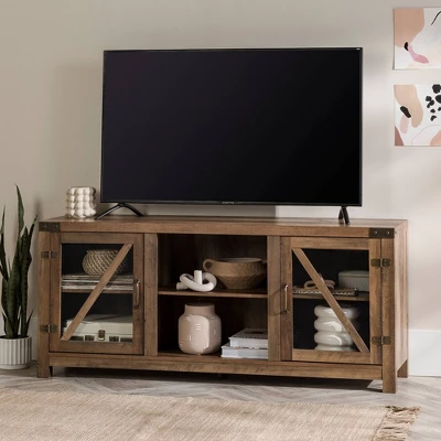 Clarabelle Transitional Glass Barn Door TV Stand For TVs Up To 65" - Saracina Home 1 Clarabelle Transitional Glass Barn Door TV Stand For TVs Up To 65" - Saracina Home
