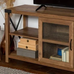 Sophie Rustic Farmhouse X Frame Glass Doors TV Stand For TVs Up To 80" Rustic Oak - Saracina Home -Saracina Home Sales Store GUEST fcb990cb 6a16 450e b621 062a163db296